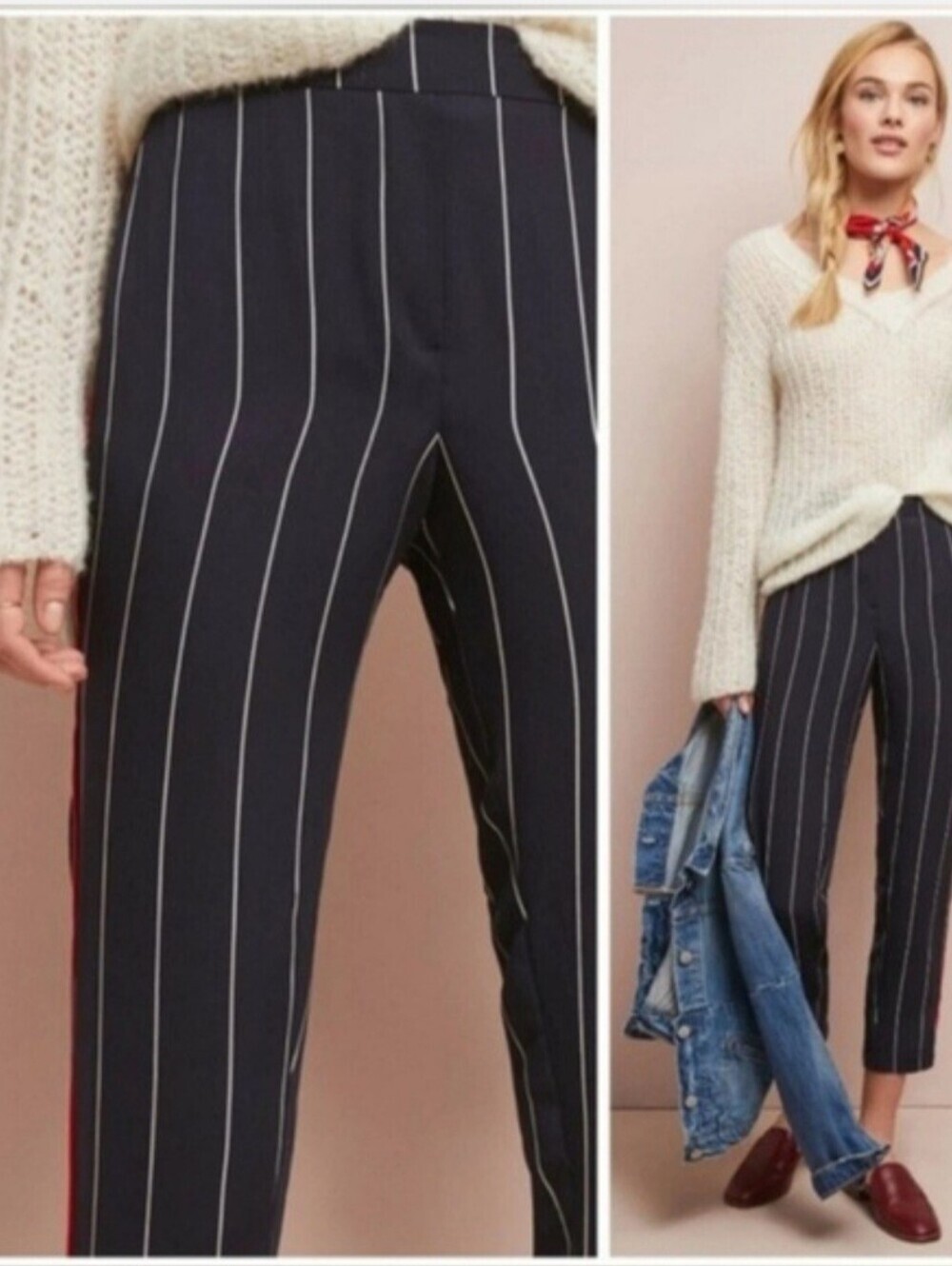 Anthropologie Ett:Twa Navy Striped Cropped Trousers Sz Small